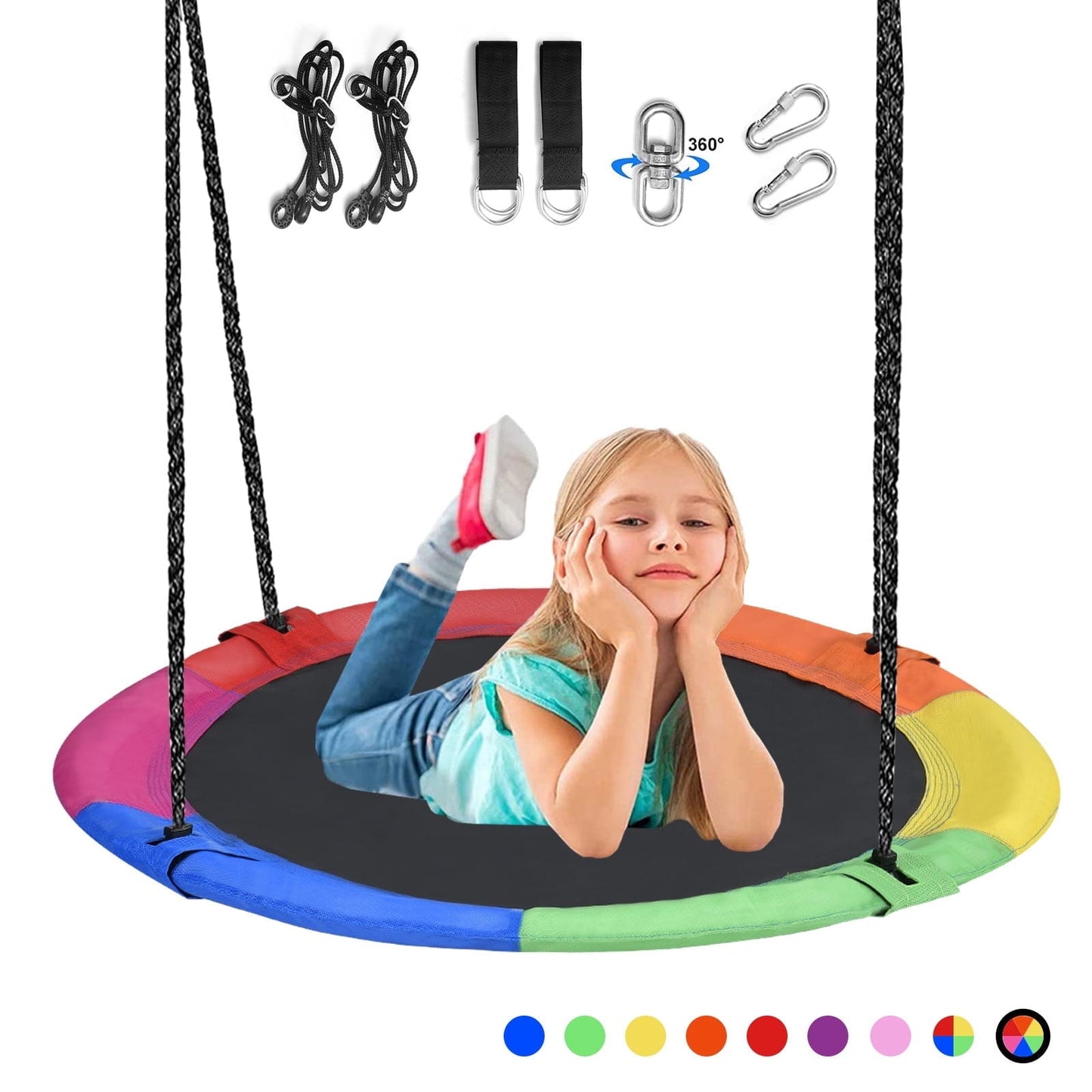 43' 700lb Saucer Tree Swing for Kids, 360¡ã Rotate Waterproof Flying Saucer Swing with Swivel, Hanging Straps, Adjustable Ropes, Round Mat Spinner Swing for Tree/ Swing Set, Colorful