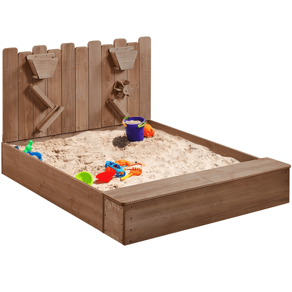 Alden Design Wood Sandbox w/Funnel 2 Storage Compartments for Kids Ages 3-8 Outdoor, Dark Brown