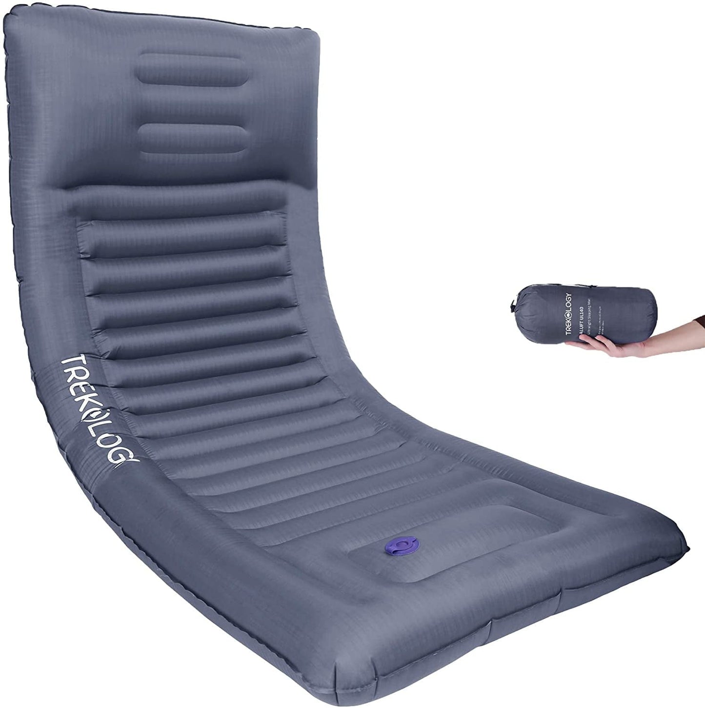 Trekology UL140 Inflatable Sleeping Pad Gray for Camping Mattress with Built-in Inflator Stamp Pump