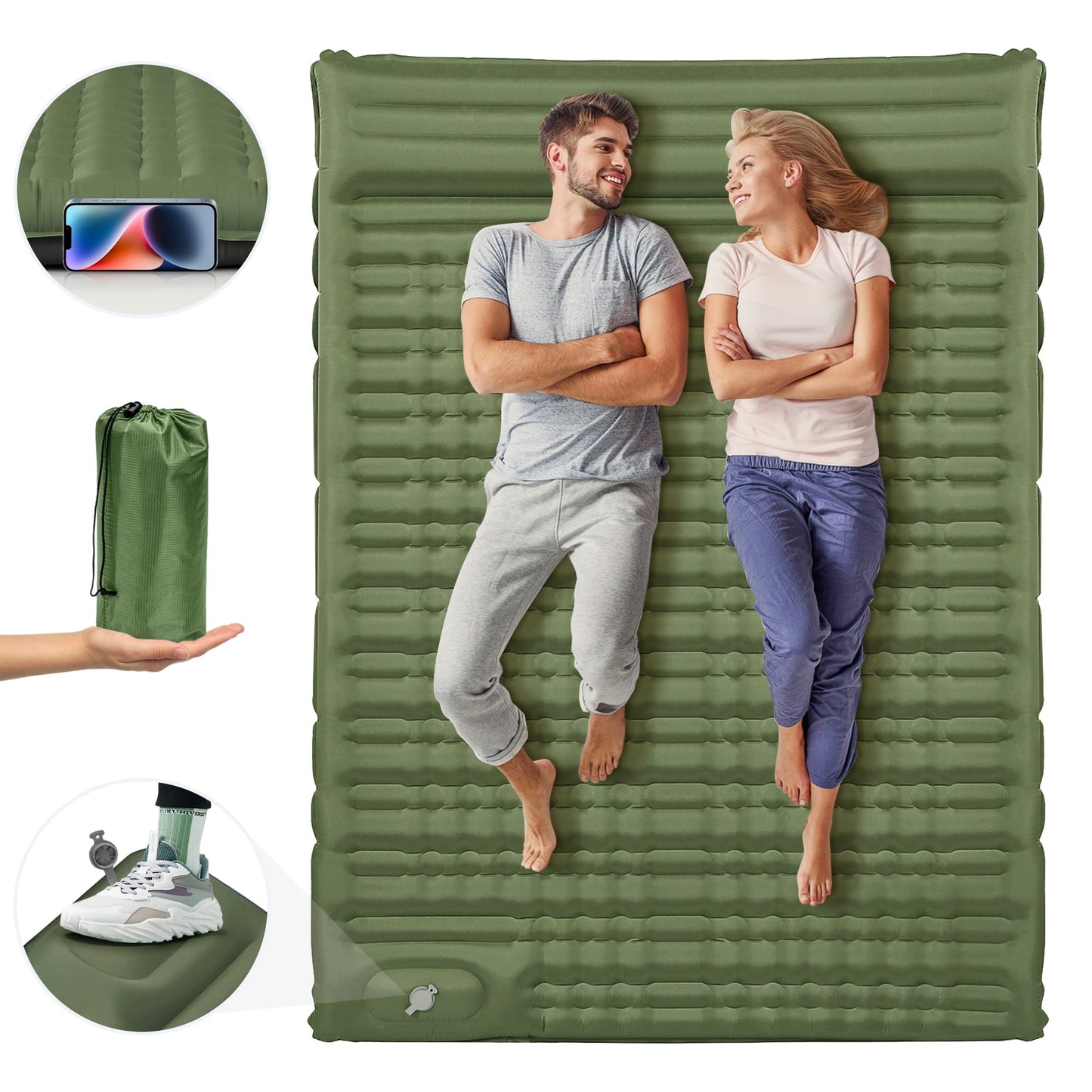 Winkalon Double Camping Sleeping Pad,4' Extra-Thick Durable Camping Inflatable Mat with Air Pillow for Backpacking Hiking Traveling