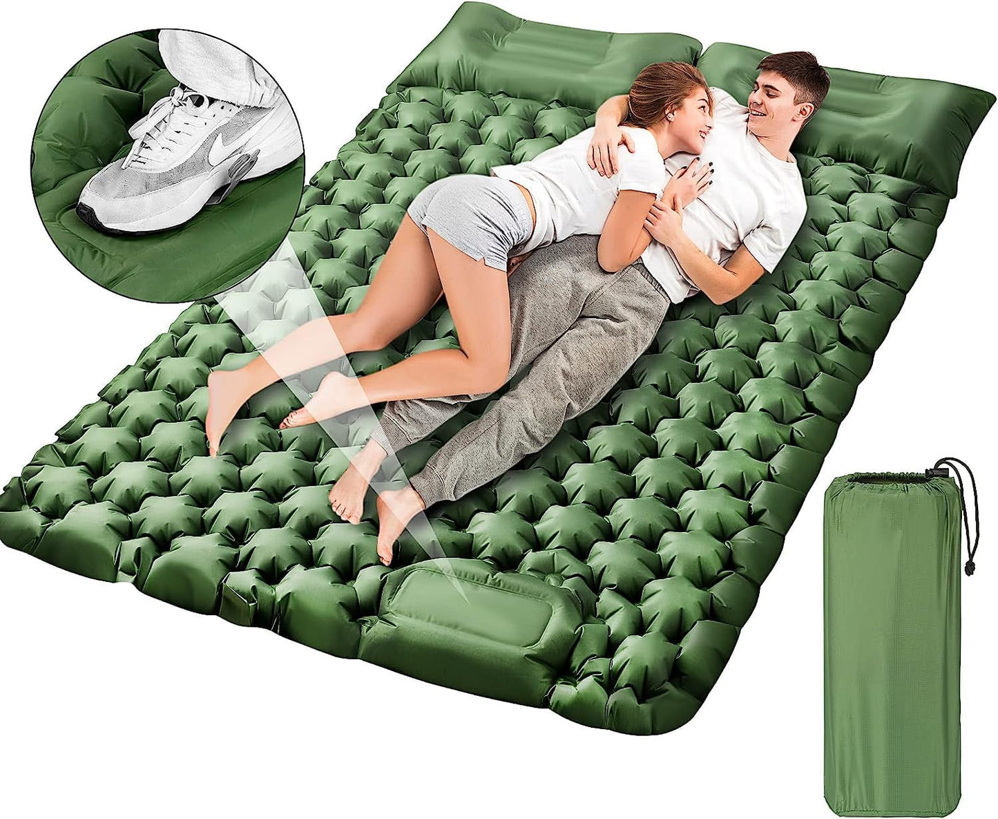 SHANNA Double Sleeping Pad for Camping, Self Inflating Camping Mattress with Pillow, Ultralight Waterproof Sleeping Mat for Backpacking, Hiking, Tent, Traveling, Green