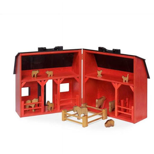 142 RB-Set Wooden Toy Hay Bales Folding Barn with Animals, Red & Black