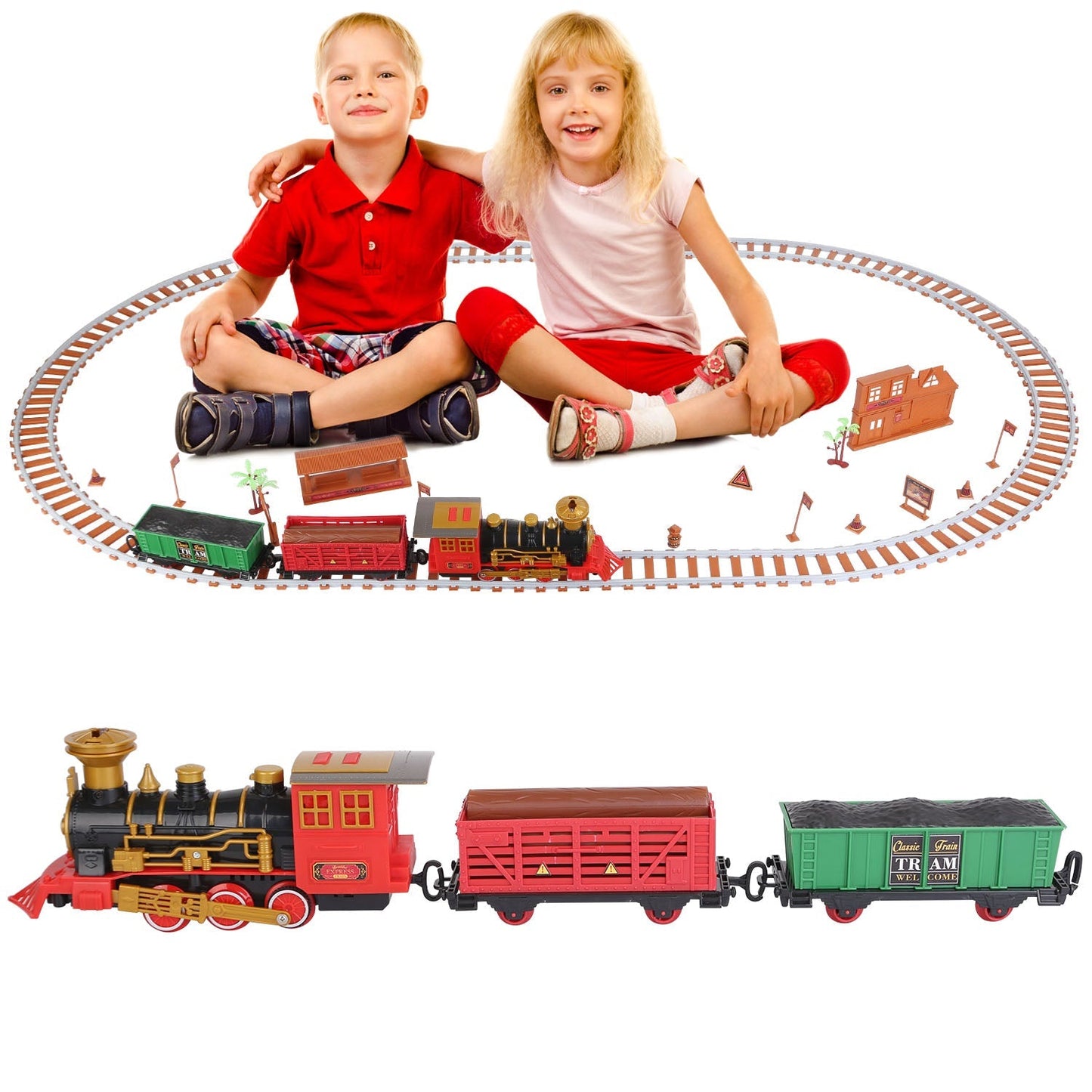 193-Piece: Electric Train Set Steam Locomotive Passenger Coach Coal Car Christmas Train