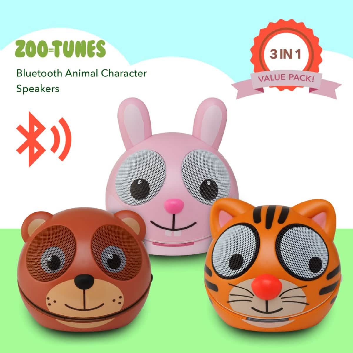 3-Pack: Zootunes Compact Portable Bluetooth Stereo Speaker Toys & Games Bear/Rabbit/Tiger Bluetooth - DailySale