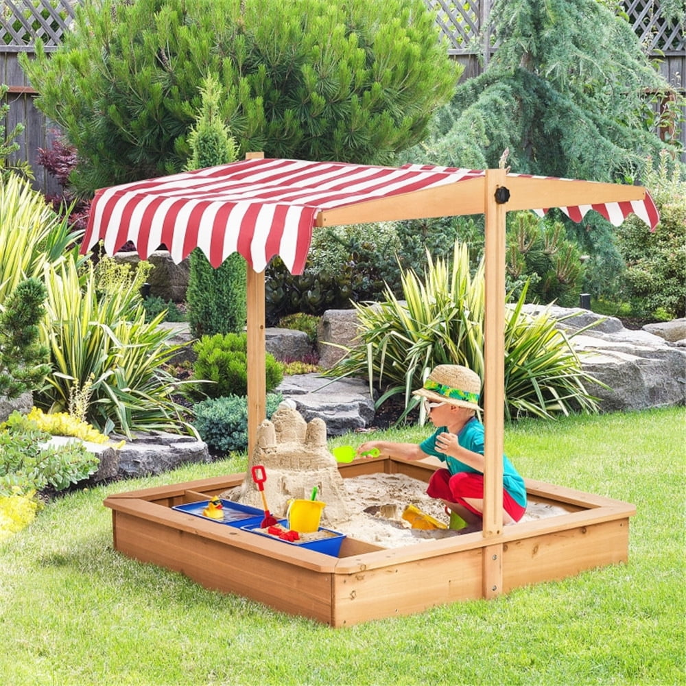42' Kids Wooden Sandbox, Children Sand Play Station Outdoor Adjustable Height with Plastic Basins and Canopy, Sand Play Toys Center for Backyard, Beach, Lawn, Yellow