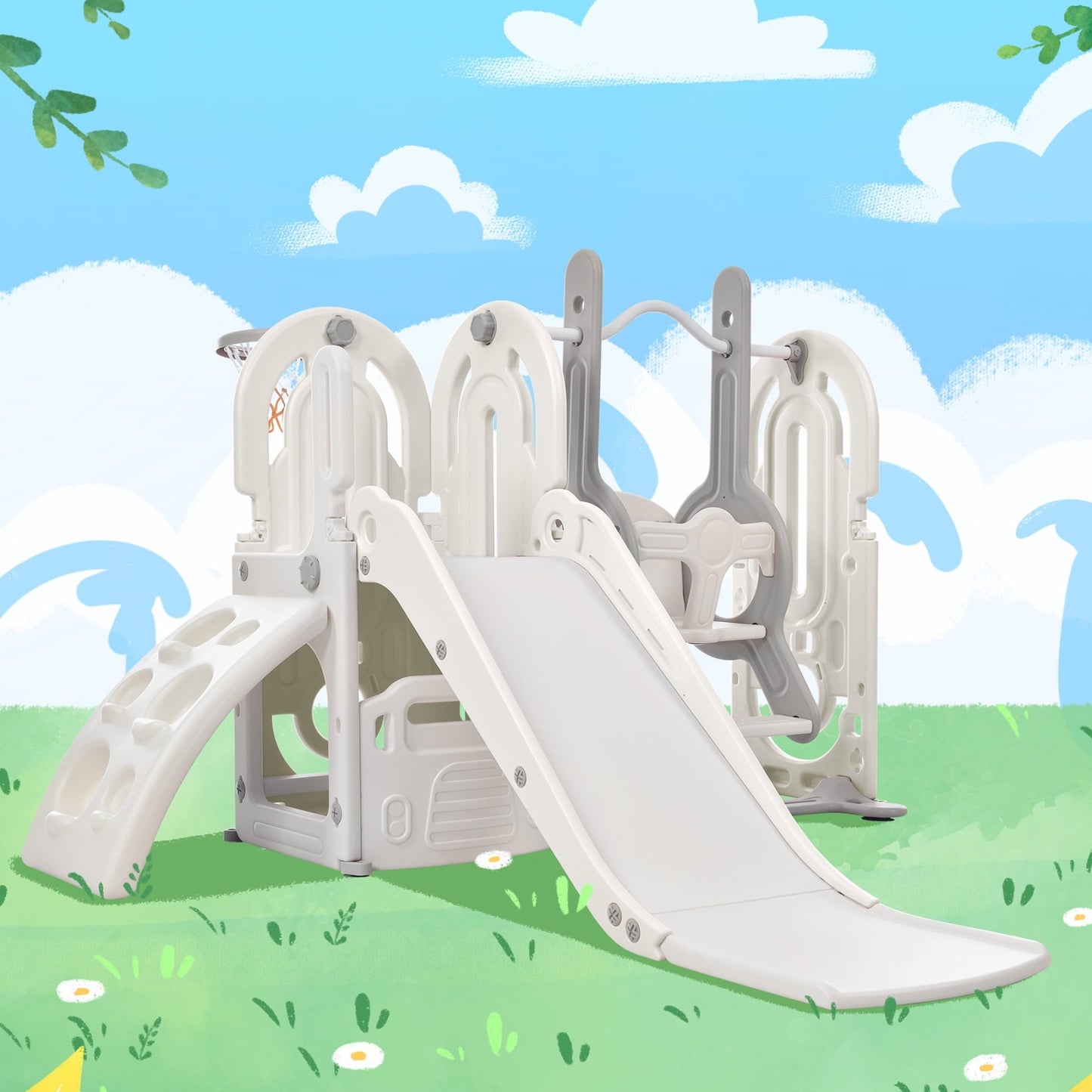 5 in 1 Toddler Slide and Swing Set,Kids Playhouse Climber Slide Playset with Basketball Hoop,Freestanding Slide Combination for Babies Indoor Outdoor Playground Yard,Gray