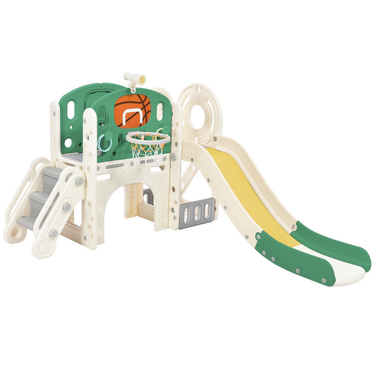7-in-1 Kids Slide Playset Structure, Freestanding Castle Climbing Crawling Playhouse with Slide, Arch Tunnel, Ring Toss, and Basketball Hoop, Playground Toy Storage Organizer for Toddlers, Green