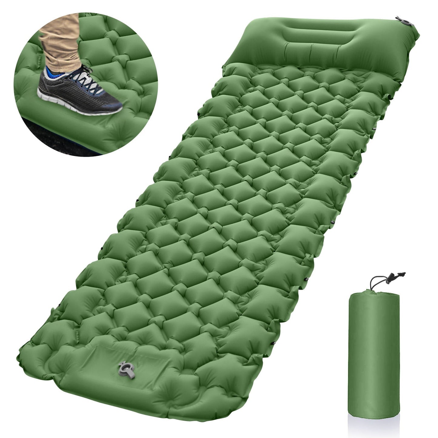 Strong Support Nylon Camping Mat, Inflatable Sleeping Pad with Foot Pump and Pillow, 79 x 27 x 3 inches(Green)