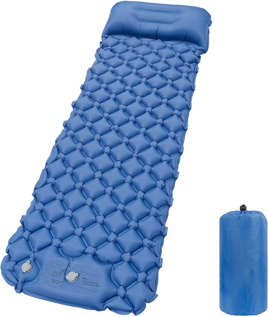 Sleeping Pad for Camping, Ultralight Foot Press Inflatable Air Mattress with Pillow, Durable Waterproof Compact Camping Pad Sleeping Mat for Backpacking, Hiking, Traveling, Outdoor Trip