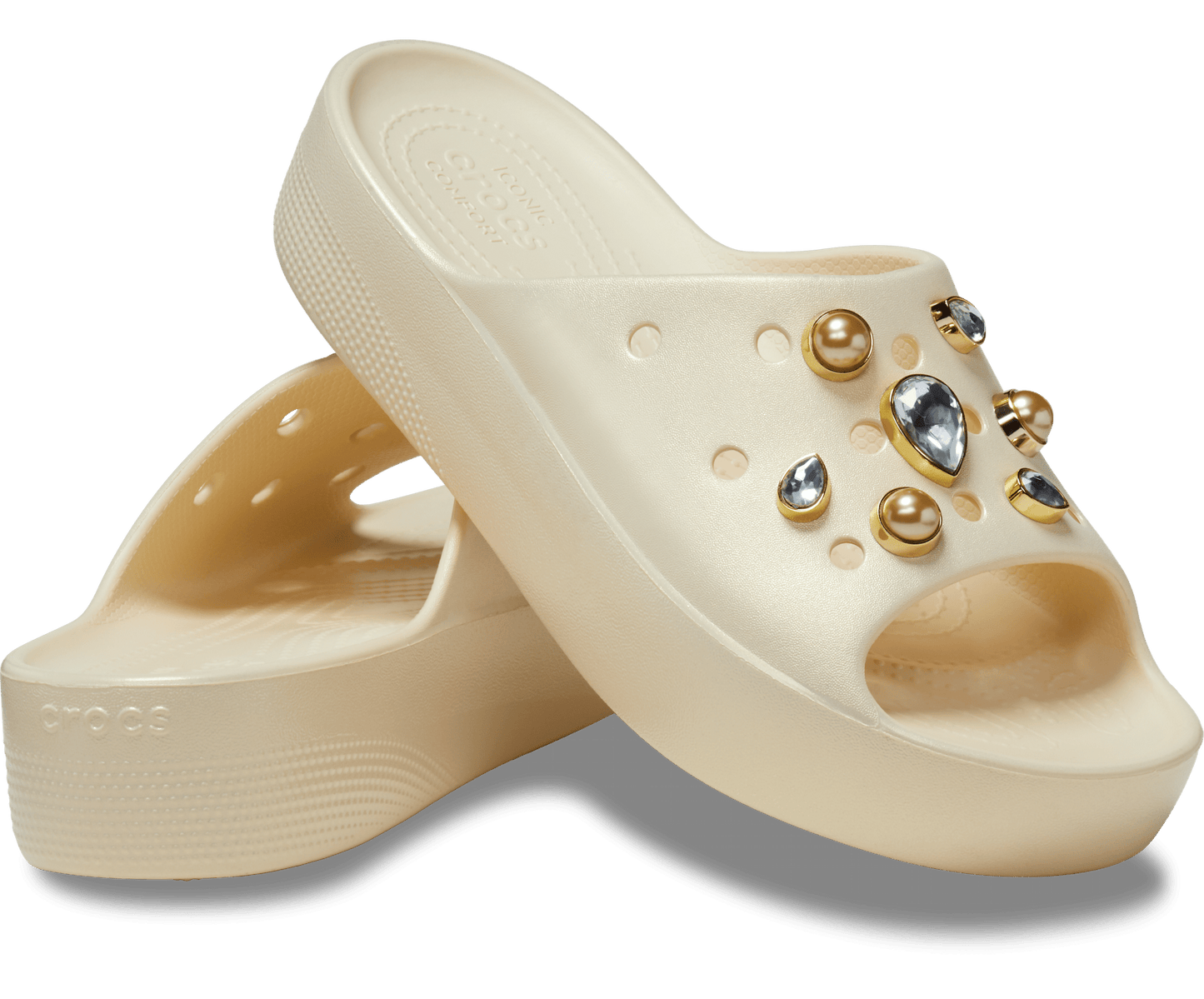 Crocs Unisex Classic Platform Crystals Pearls Slide - Vanilla