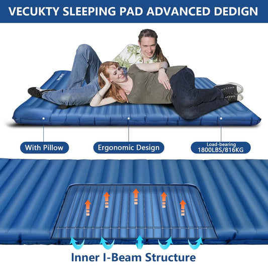 Double Camping Sleeping Pad with Pillow, VECUKTY Extra Thick 4 Inch 2 Person Portable Fast Inflatable Camping Mattress