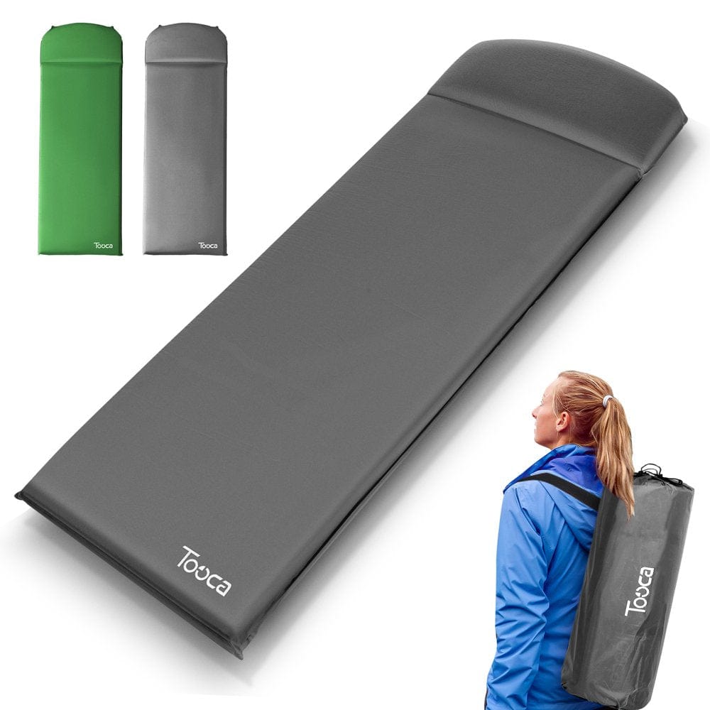 Sleeping Pad Self Inflating Camping Sleep Pad with Pillow 3 Inches Thickness Sponge Camping Mat for Traveling, Hiking Lightweight, Inflatable & Compact, Grey