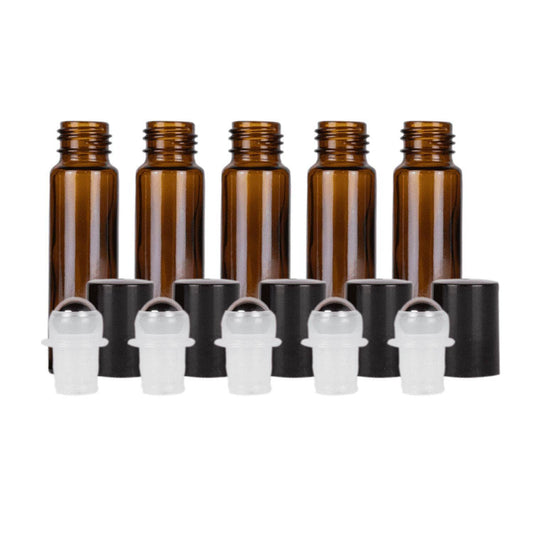 10 ml Amber Glass Roller Bottles (Pack of 5) Glass Roller Bottles Your Oil Tools Black Stainless